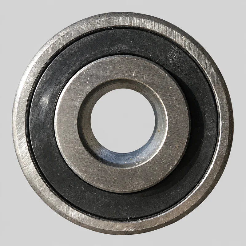 6204-2RS deep groove ball bearing, with black rubber contact seals, face-on product photograph on a plain light backdrop (illustrative)
