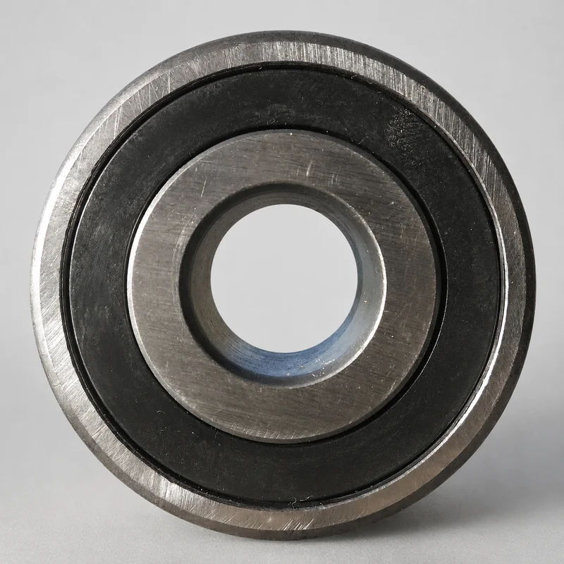 6304-2RS deep groove ball bearing, with black rubber contact seals, face-on product photograph on a plain light backdrop (illustrative)