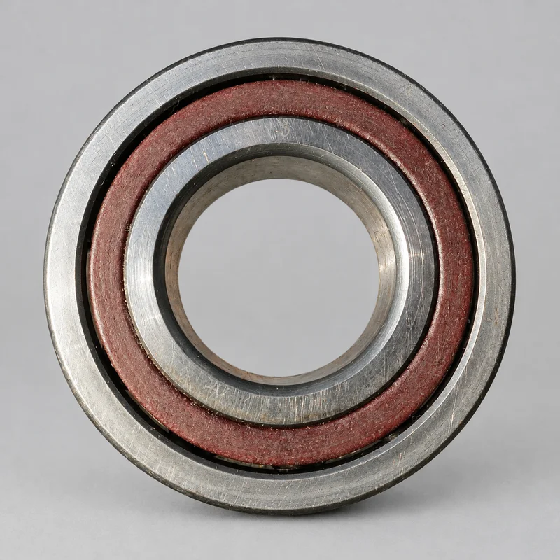 7204B single-row angular contact ball bearing with deep-red polyamide cage, face-on product photograph on a plain light backdrop (illustrative)