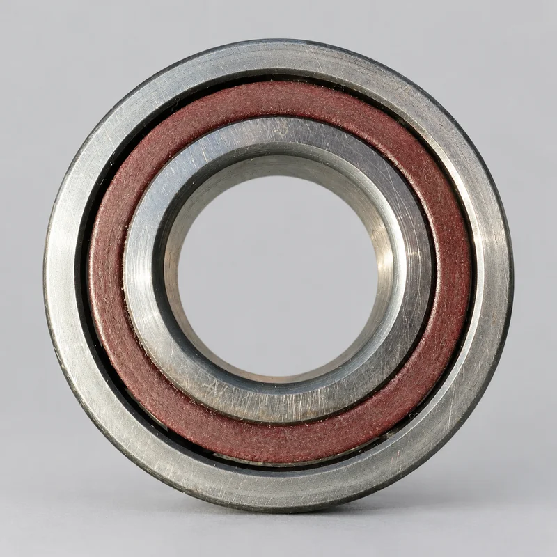 7205B single-row angular contact ball bearing with polyamide cage, face-on product photograph on a plain light backdrop (illustrative)