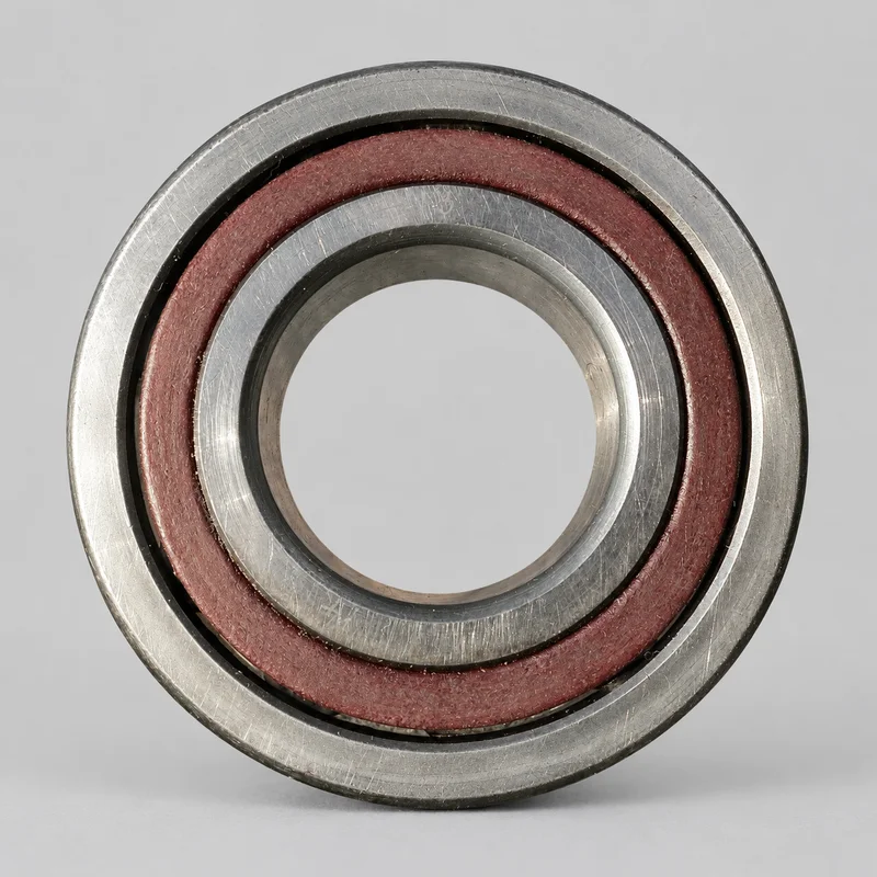 7208B single-row angular contact ball bearing with polyamide cage, face-on product photograph on a plain light backdrop (illustrative)