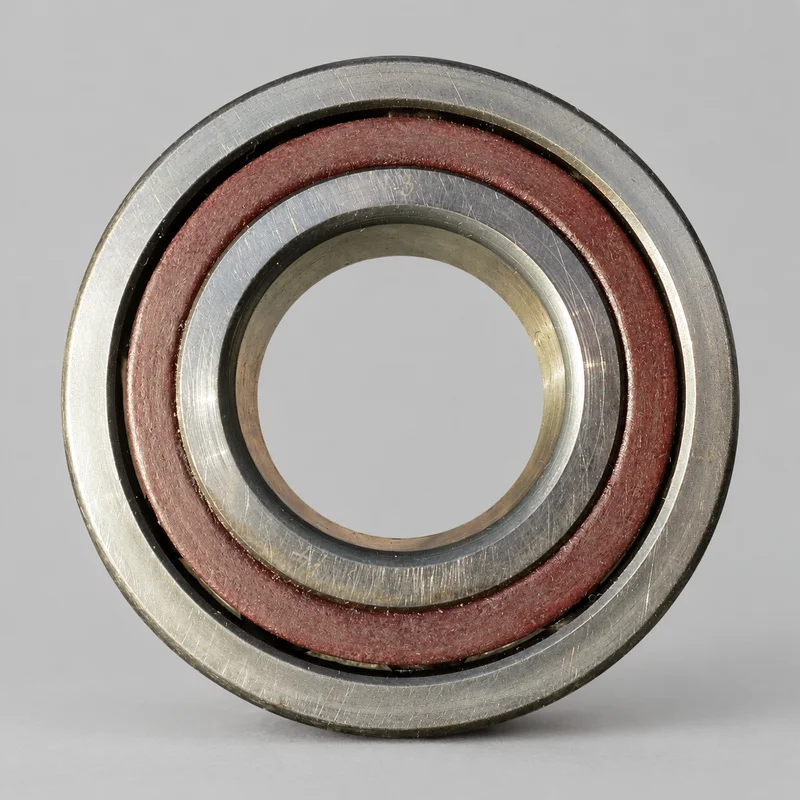 7210B single-row angular contact ball bearing with polyamide cage, face-on product photograph on a plain light backdrop (illustrative)