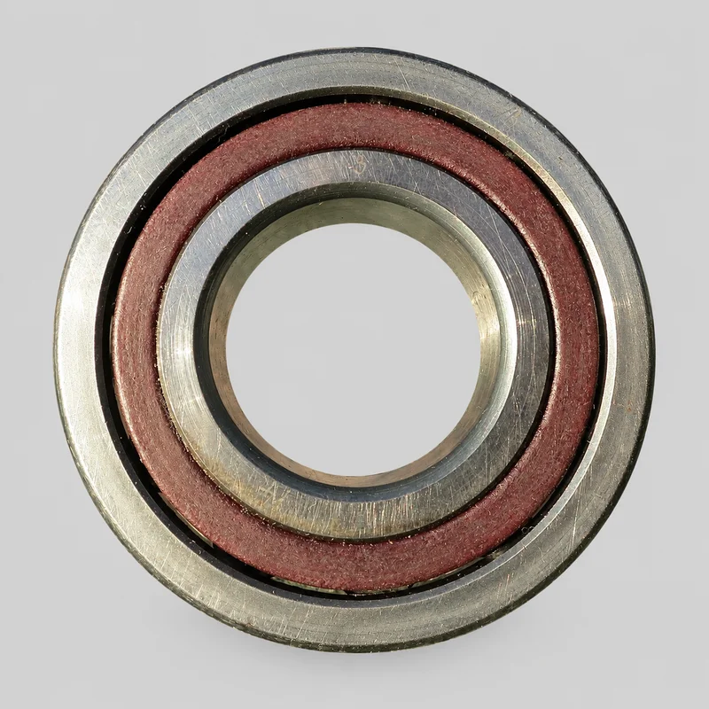 7214B single-row angular contact ball bearing with polyamide cage, face-on product photograph on a plain light backdrop (illustrative)