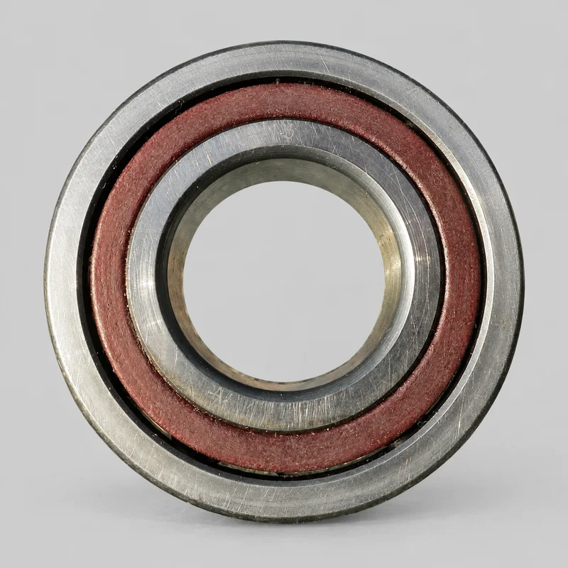 7216B single-row angular contact ball bearing with polyamide cage, face-on product photograph on a plain light backdrop (illustrative)