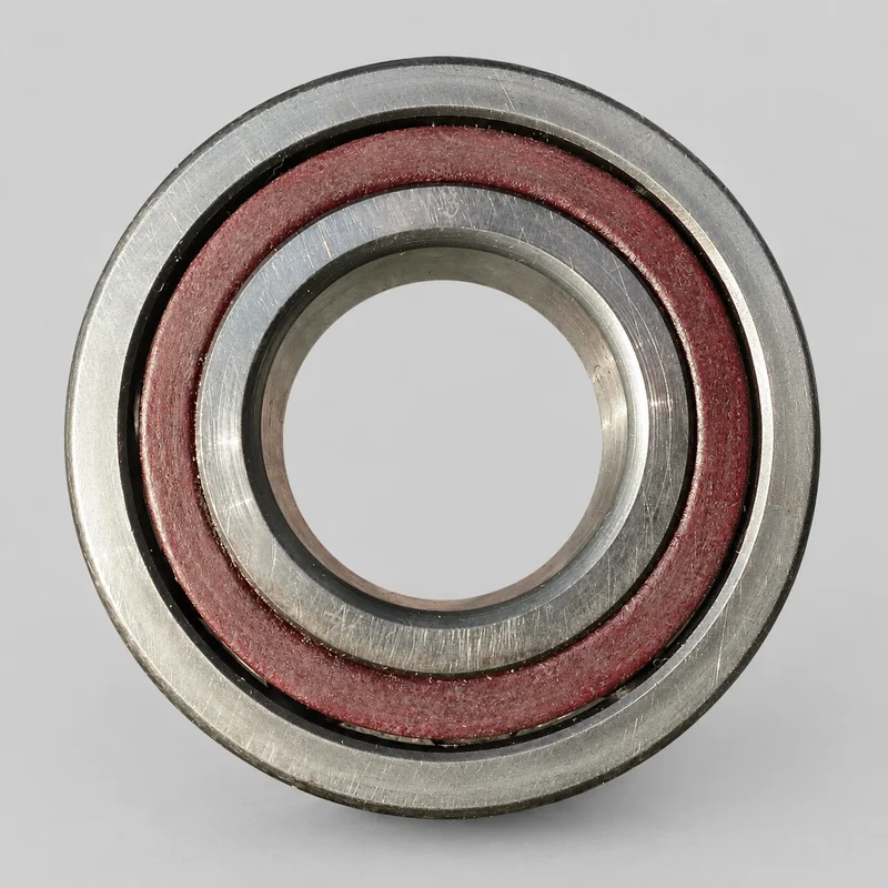 7220B single-row angular contact ball bearing with polyamide cage, face-on product photograph on a plain light backdrop (illustrative)