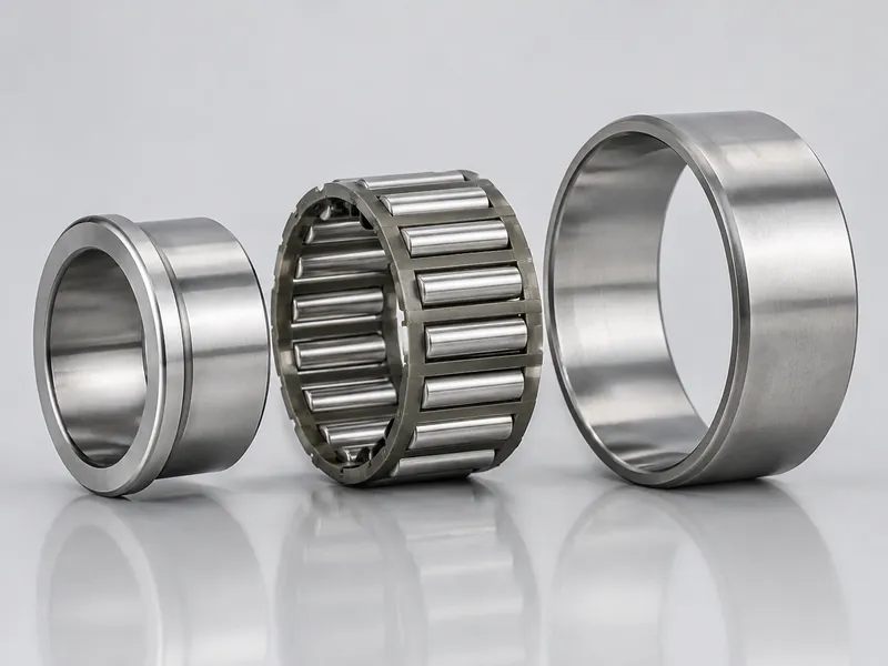 Cylindrical roller bearing with the inner ring, roller cage and outer ring shown apart